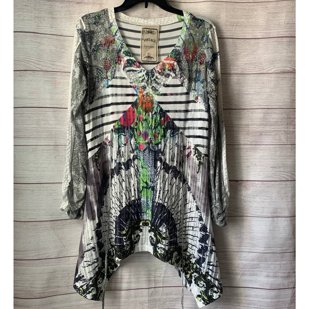 Vintage Concept Tunic Blouse Asymmetrical Bottom Tie Waist Multi-Pattern Size XL